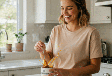 moteris maišo kolageno miltelius puodelyje