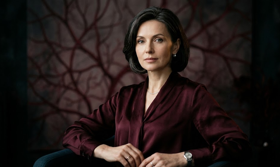 moters portretas. Ji žiūri tiesiai į objektyvą ramiu, analitiniu žvilgsniu