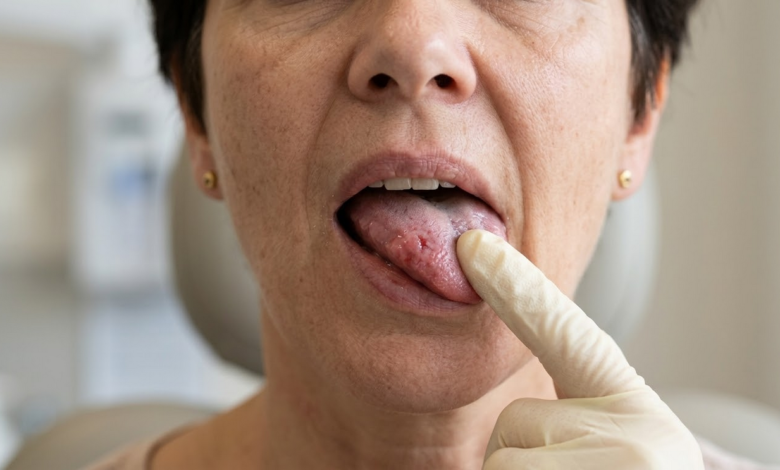 moters veidas iš arti, jos liežuvis šiek tiek iškištas, rodomas jautrus jo šonas