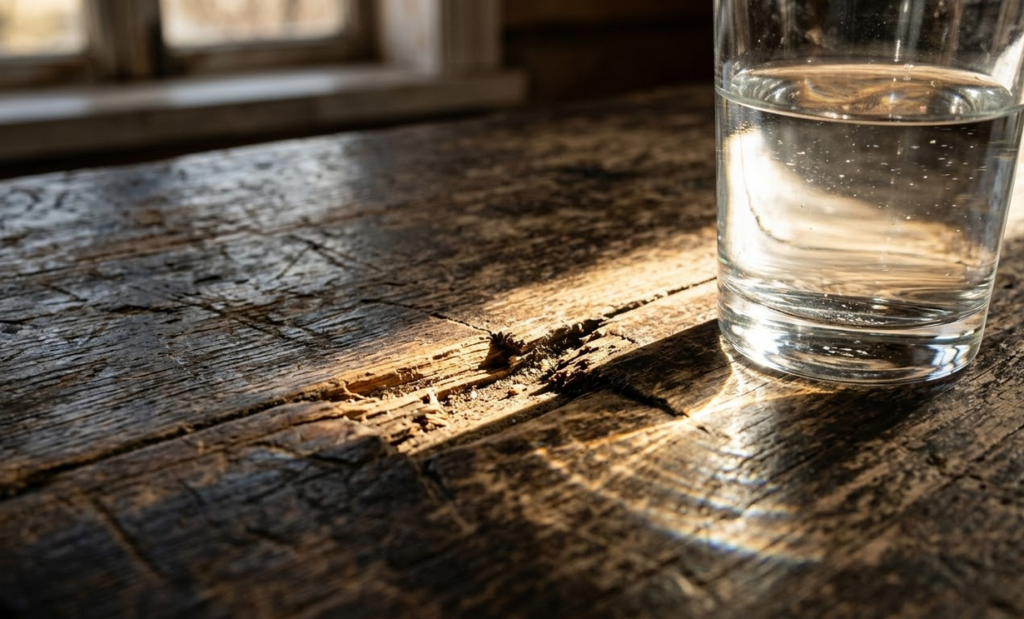 stalo paviršius su matomais laiko rėžiais, įbrėžimais ir saulės spinduliu, krentančiu ant mažo įskilimo