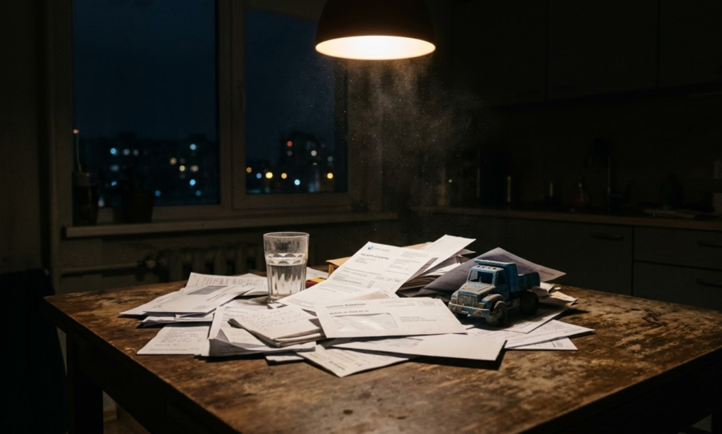 Iš viršaus krintanti šviesa išryškina dulkių daleles virš krūvos nesutvarkytų sąskaitų, vaikiško žaislo ir puspilnės stiklinės vandens