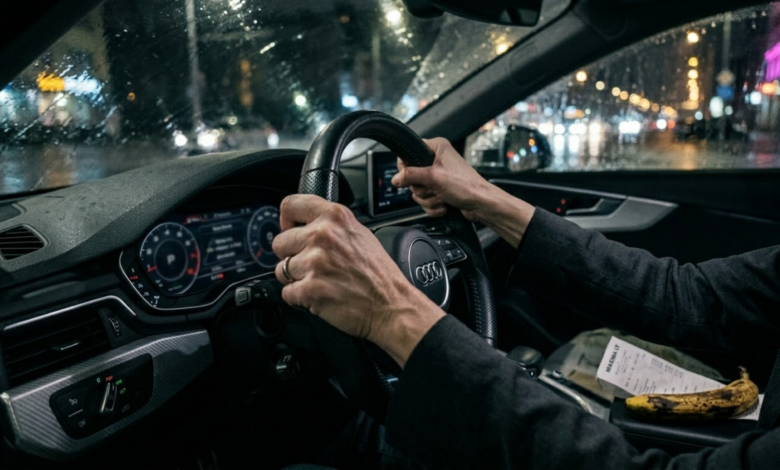 Moters rankos stipriai sugniaužusios vairo odą tamsiame automobilio salone