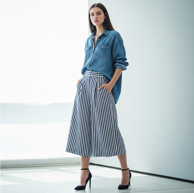 džinsiniai marškiniai su dryžuotais kiulotais