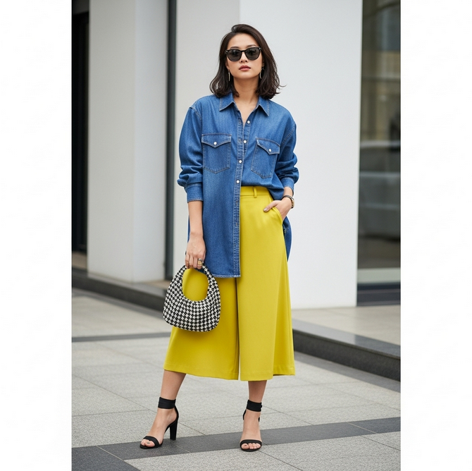 džinsiniai marškiniai su geltonais kiulotais