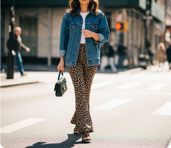 džinsinis švarkelis ir leopardinė apačia