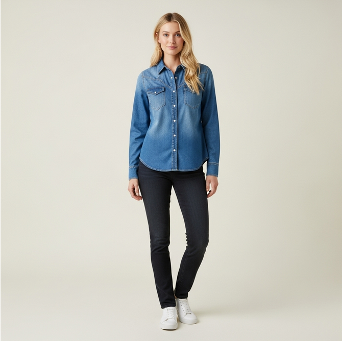 klasikinio kirpimo džinsiniai marškiniai ir juodos kelnės