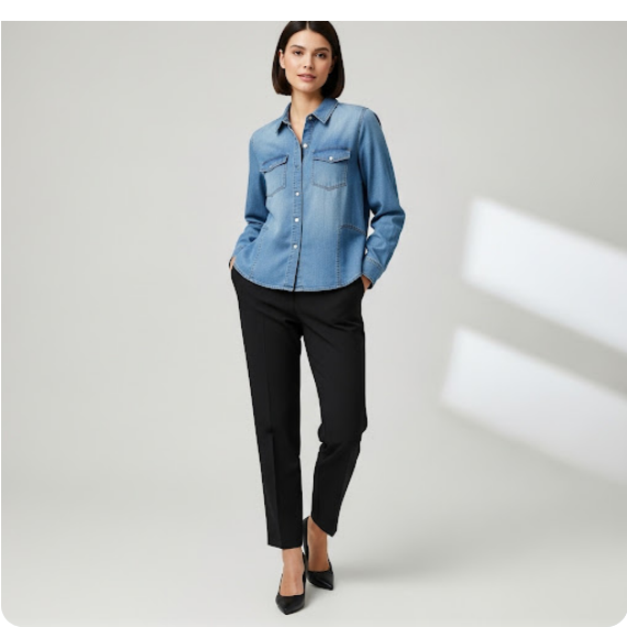 moteris su džinsiniais marškiniais ir juodomis kelnėmis