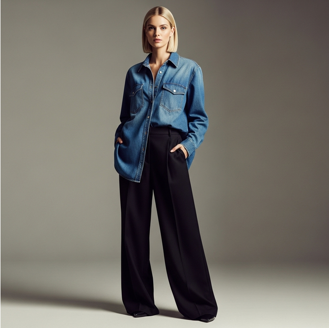 moteris su džinsiniais marškiniais ir juodomis plačiomis kelnėmis