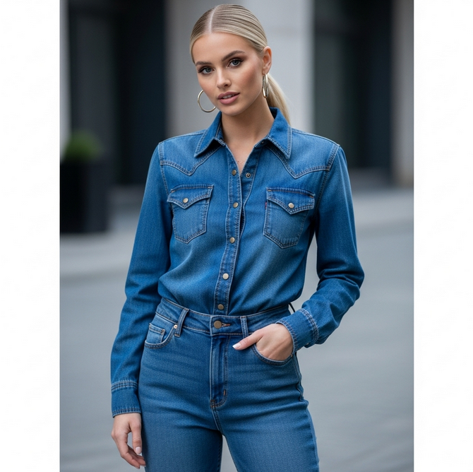 šviesiaplaukė moteris su klasikinio kirpimo džinsiniais marškiniais