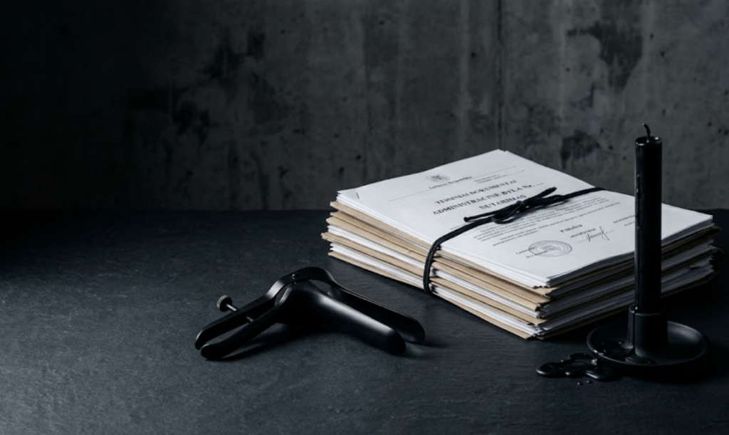 Ant stalelio padėtas vienišas juodas ginekologo įrankis, šalia jo – šūsnis teisinių dokumentų ir užgesusi žvakė