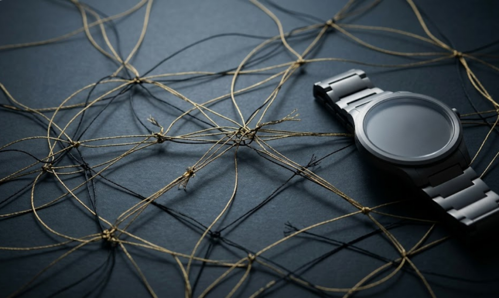 Ant tamsaus, matinio stalo paviršiaus išraizgyti ploni, persipinantys auksiniai ir juodi siūlai, jungiantys skirtingus taškus