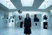 Centre stovi elegantiška moteris, žiūrinti į dešimtis skirtingų dydžių pakabintų veidrodžių. Kiekviename veidrodyje matosi tik dalis jos veido ar kūno