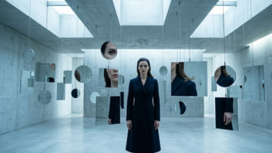 Centre stovi elegantiška moteris, žiūrinti į dešimtis skirtingų dydžių pakabintų veidrodžių. Kiekviename veidrodyje matosi tik dalis jos veido ar kūno