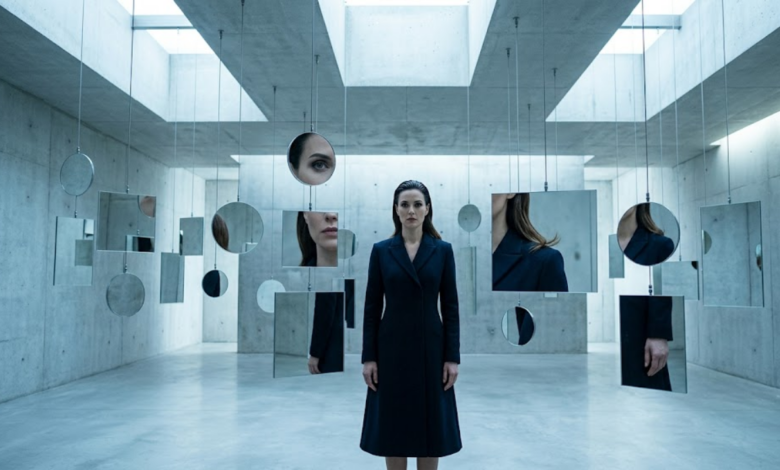 Centre stovi elegantiška moteris, žiūrinti į dešimtis skirtingų dydžių pakabintų veidrodžių. Kiekviename veidrodyje matosi tik dalis jos veido ar kūno