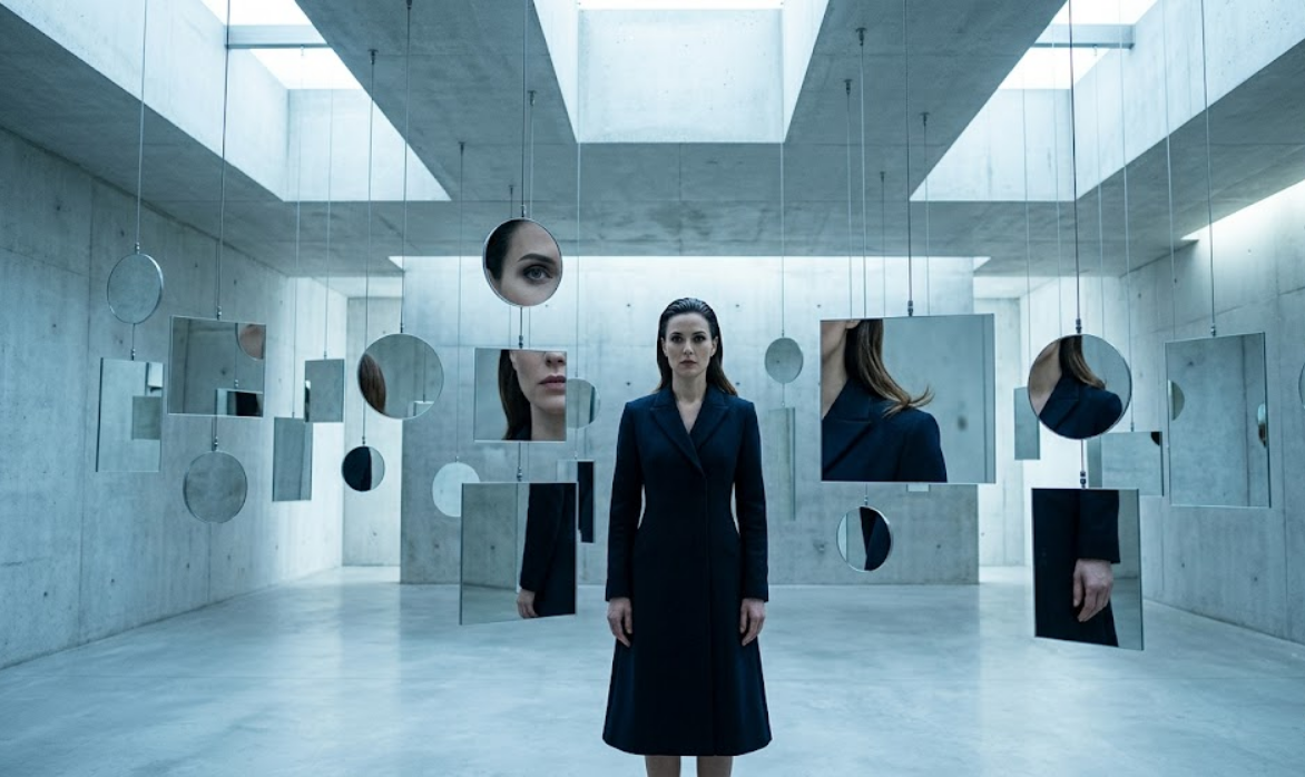 Centre stovi elegantiška moteris, žiūrinti į dešimtis skirtingų dydžių pakabintų veidrodžių. Kiekviename veidrodyje matosi tik dalis jos veido ar kūno