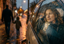 Moteris sėdi automobilyje. Lauke matomas neryškus vyro ir mažo berniuko siluetas, jie eina susikibę rankomis