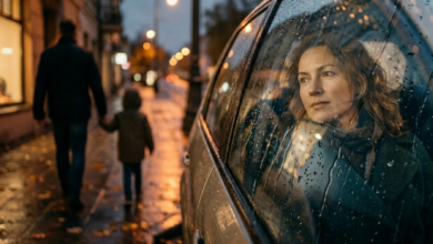 Moteris sėdi automobilyje. Lauke matomas neryškus vyro ir mažo berniuko siluetas, jie eina susikibę rankomis