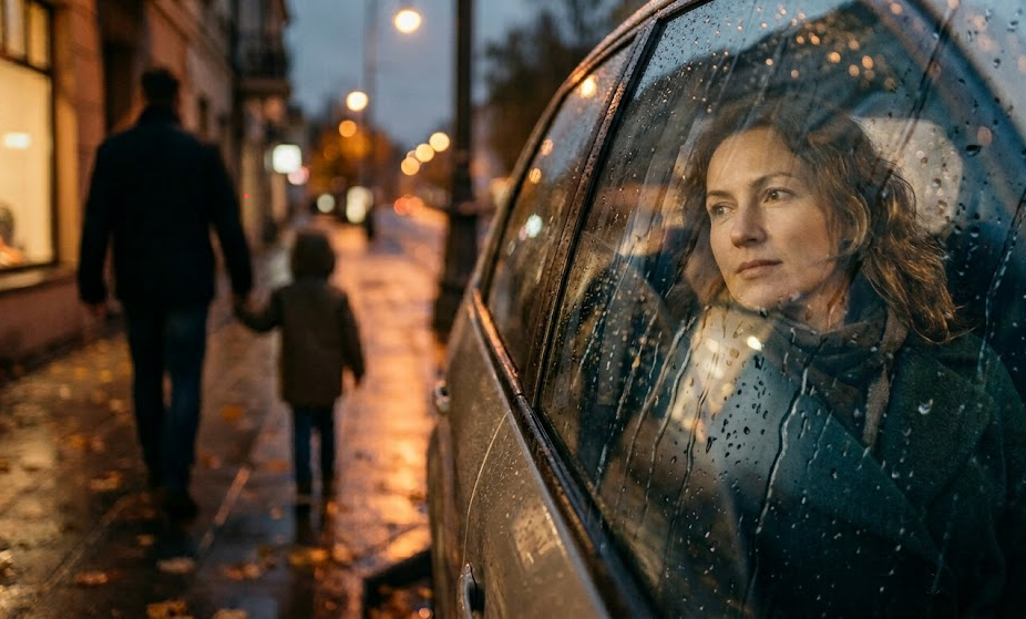 Moteris sėdi automobilyje. Lauke matomas neryškus vyro ir mažo berniuko siluetas, jie eina susikibę rankomis