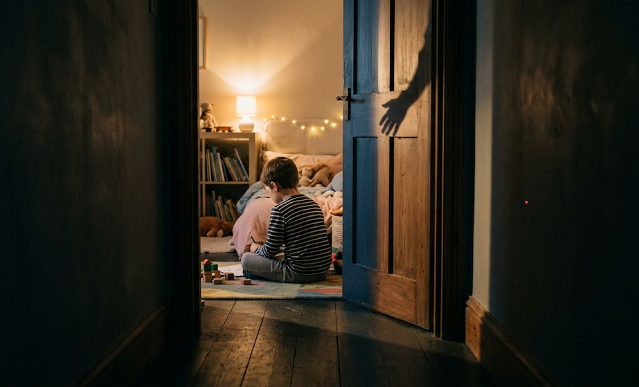 Pusiau atidarytos vaiko kambario durys. Viduje matosi ant žemės sėdintis berniukas, nusisukęs nugara į duris