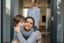 mama apkabina vaiką, o auklė stovi už nugaros