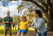 moteris supa vaiką, o vyras žiūri iš toliau