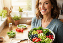 moteris virtuvėje rankose laiko indą daržovių ir vaisių