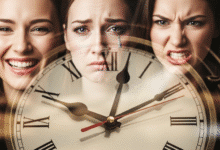 moters emocijų ir laikrodžio koliažas