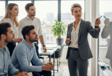 vadovė moteris aiškina komandos nariams užduotis