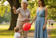 močiute ir mama su vaikeliu vaikšto parke