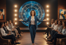 moteris šypsosi po viešo kalbėjimo