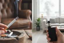 perskletoje nuotraukoje vaizduojami cigaretė ir veipas
