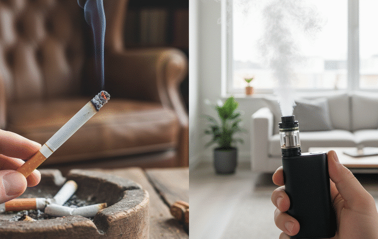 perskletoje nuotraukoje vaizduojami cigaretė ir veipas