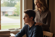 mama stovi už sėdinčio paauglio nugaros padėjusi rankas ant jo pečių