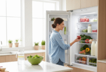 moteris ima produktus iš šaldytuvo