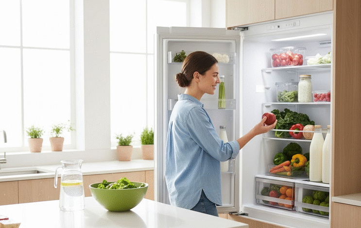 moteris ima produktus iš šaldytuvo