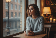 moteris kavinukėje sėdi prie staliuko su arbatos puodeliu