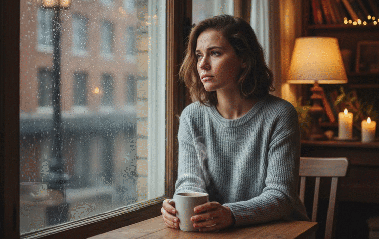 moteris kavinukėje sėdi prie staliuko su arbatos puodeliu