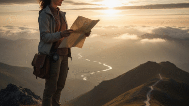 moteris stovi ant kalno ir galvoja kur eiti toliau