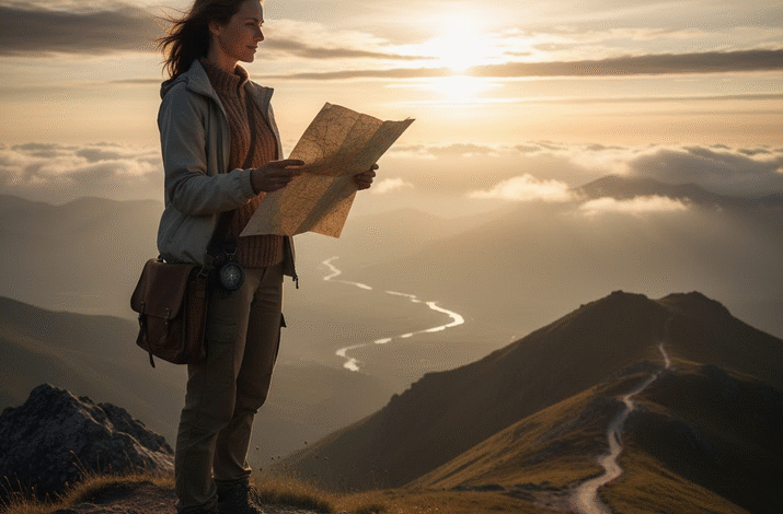 moteris stovi ant kalno ir galvoja kur eiti toliau