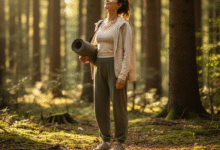 moteris su jogos kilimėliu miške ruošiasi sportuoti