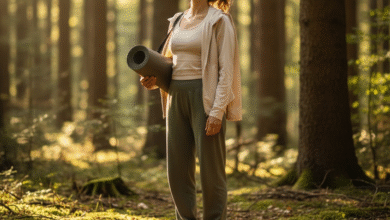 moteris su jogos kilimėliu miške ruošiasi sportuoti