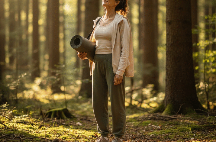 moteris su jogos kilimėliu miške ruošiasi sportuoti