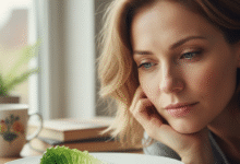 moteris žiūri į salotos lapą lėkštėje