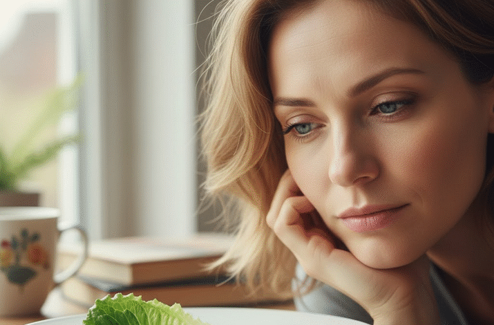 moteris žiūri į salotos lapą lėkštėje