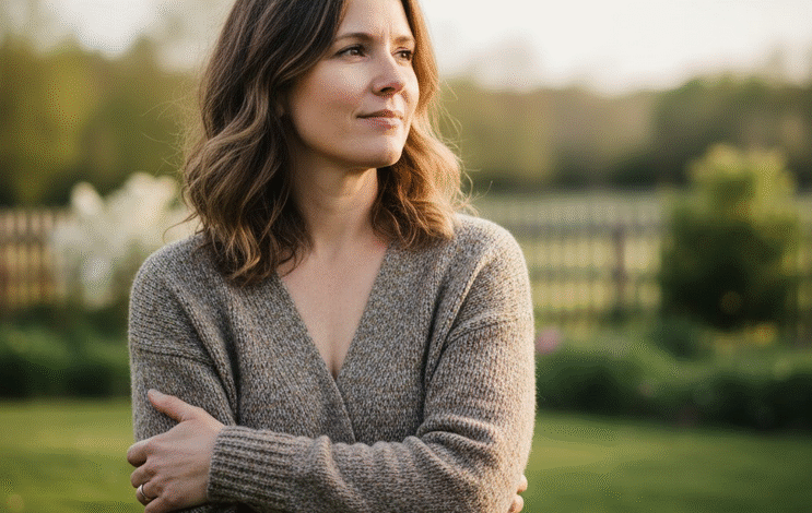 moteris lauke žiūri į tolį