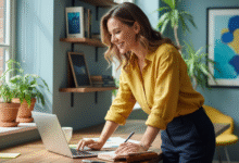 moteris stovi prie stalo ir dirba kompiuteriu