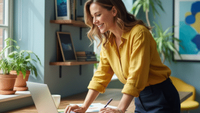 moteris stovi prie stalo ir dirba kompiuteriu