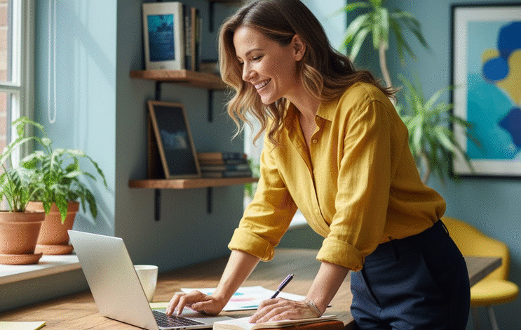 moteris stovi prie stalo ir dirba kompiuteriu