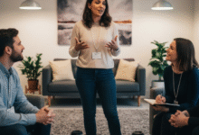 charizmatiška moteris kambaryje kalba