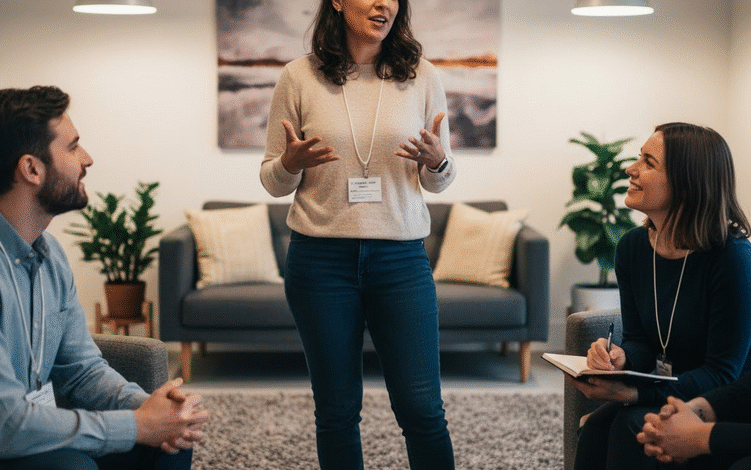 charizmatiška moteris kambaryje kalba